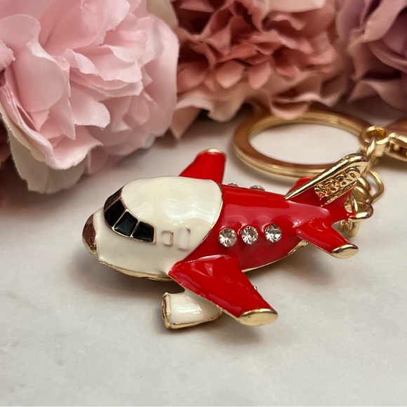 Beautiful Red and White Crystal Airplane Keychain Charm - Picture 3 of 16